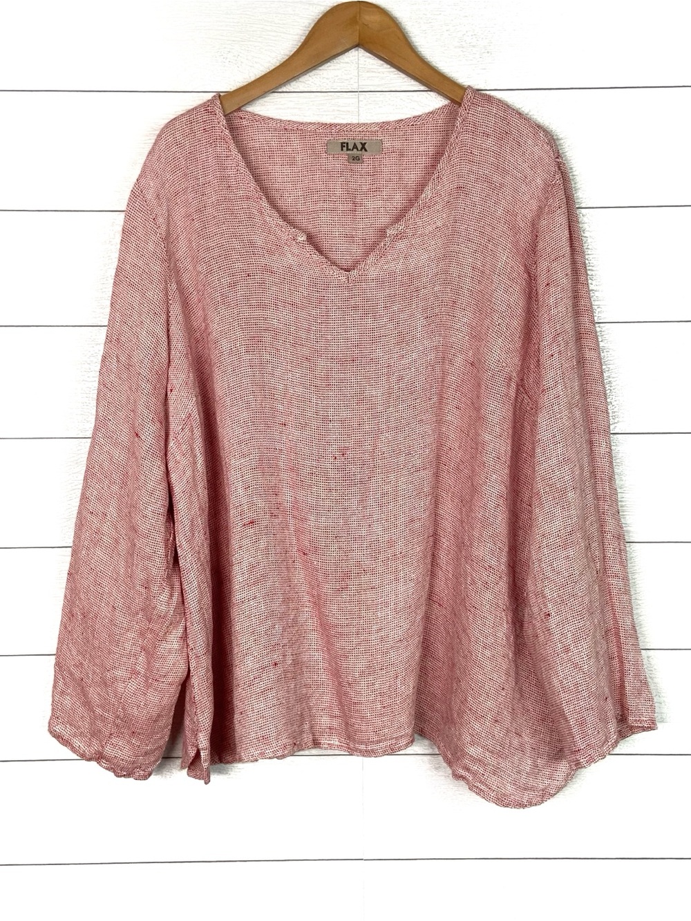 FLAX Linen Red Grid Woven Oversized Boxy Long Sleeve Top Notch V Neck 2G Plus